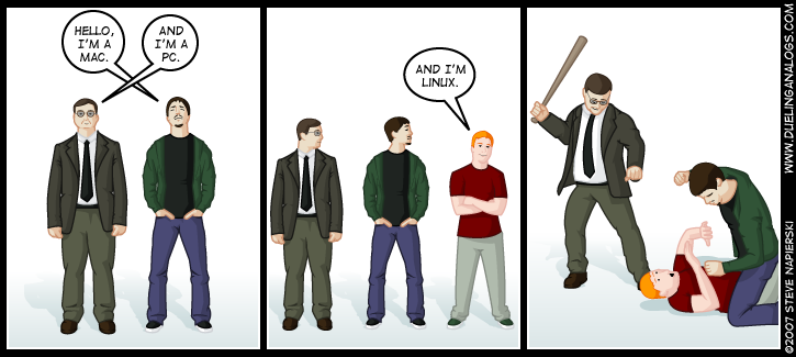 Windows guy and Mac guy beating Linux guy - parody of Mac ad.